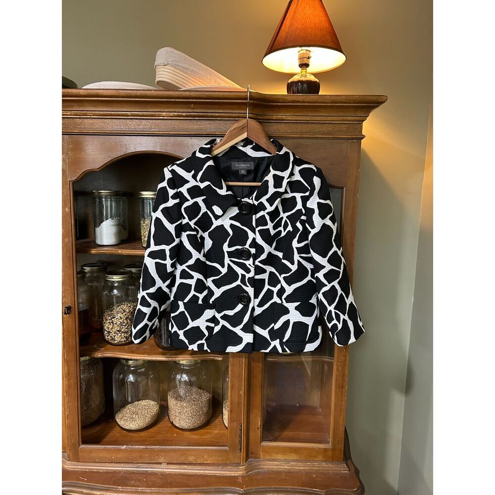 Liz Claiborne 10 Petite Statement Blazer Bold Animal B&W Workwear